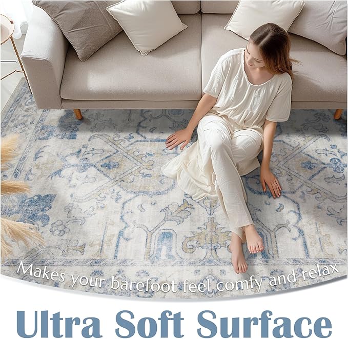 jinchan Vintage Floral Washable Rug 2x3 Non-Slip Low Pile Doormat, Blue