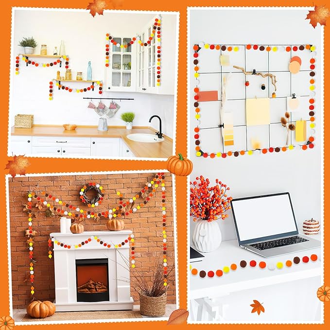 MARFOREVER 4 Pack 26.3 Ft Fall Pom Pom Garlands, Thanksgiving 30 Balls Oange Yellow Fall Felt Ball Garlands Decorations for Autumn Harvest Thanksgiving Day Party Home Classroom Hanging Decor Supplies