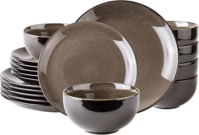 LeRatio Ceramic Dinnerware Sets for 6,Stoneware Plates and Bowls Sets,Handmade Reactive Glaze Dishes Set,Chip Resistant and Scratch Resistant | Oven&Dishwasher & Microwave Safe-Espresso Brown(18PCS)