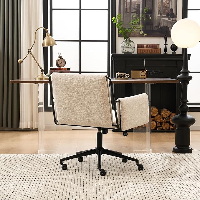Rowill Modern Office Chair, Beige Boucle Fabric, Adjustable Height, 300 LBS Capacity, Wheels, Arm Rest, Perfect for Home Office, Bedroom, Makeup Room