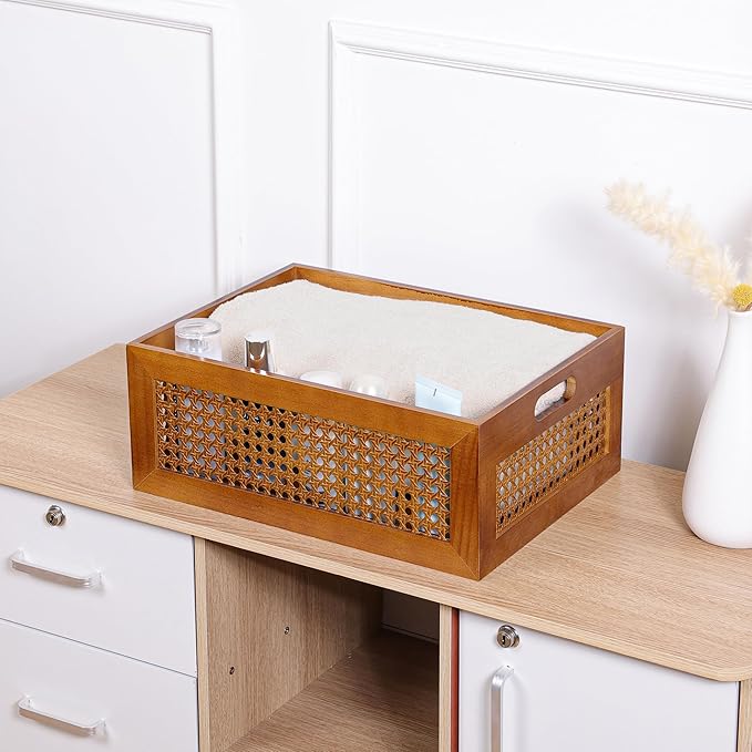 Wooden Storage Basket Large Handmade Rattan Drawer Storage Box with Frame & Handles Decorative Natural Bamboo Woven Bins Rustic Farmhouse Decor Home Office Tabletop Shelf Organizer 15" x 11" x 5.9"