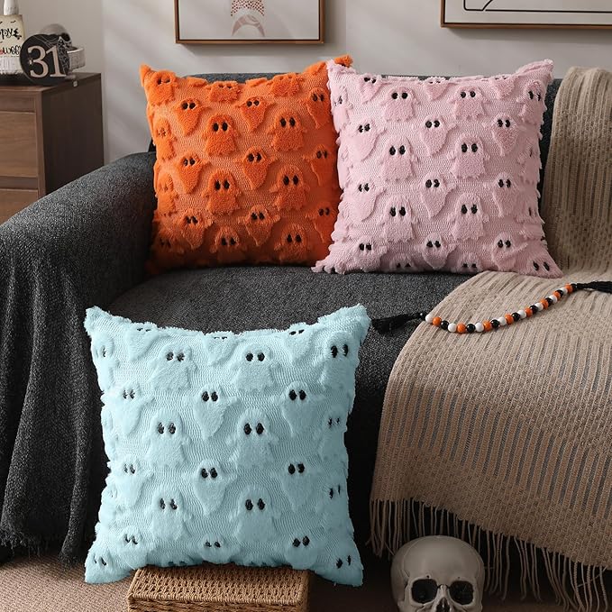 DFXSZ Halloween Pillow Covers 18x18 inch Set of 2 Blue Ghost Throw Pillow Cases Soft Plush Faux Fur Wool Cushion Case for Chair Bedroom Living Room Home Decor PTK03G18