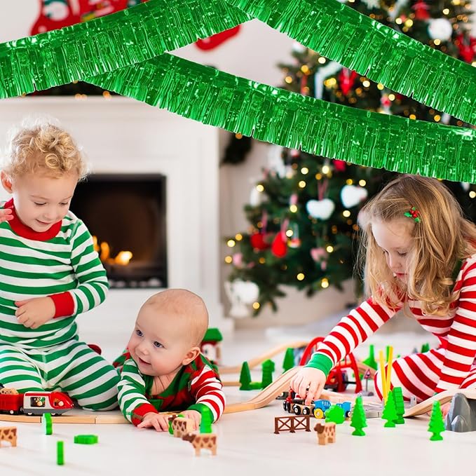 12 Pack 10 Feet Metallic Foil Fringe Garland Tinsel Streamers Banner, Green Wall Hanging Tinsel Fringe Banners for Parade Floats, Wedding, Birthday, Christmas, New Year Party Decorations