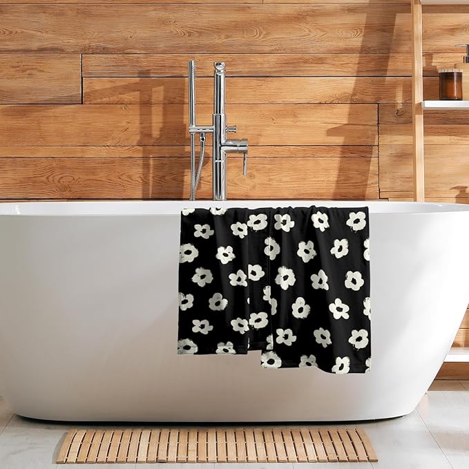 Modern Style Kitchen Towels Set of 2 Black Floral Dish Towels Quick Dry Microfiber