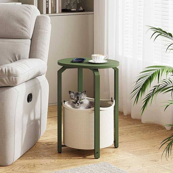 TUTOTAK Small Side Table, Oval End Table, Night Stand, Bedside Table, Sofa Table with Storage Basket, Living Room, Bed Room, Olive Green TB01BOG0932