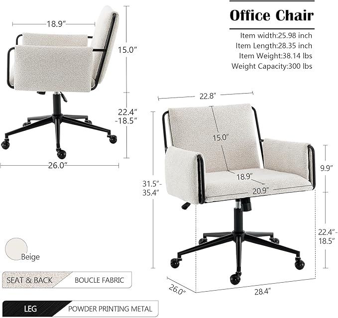 Rowill Modern Office Chair, Beige Boucle Fabric, Adjustable Height, 300 LBS Capacity, Wheels, Arm Rest, Perfect for Home Office, Bedroom, Makeup Room