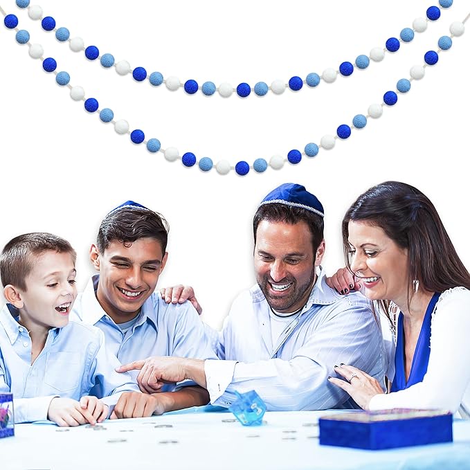 60 Balls Hanukkah Felt Ball Garlands - Hanukkah Decorations- Chanukah Blue Dark Blue White Pom Pom Garlands for Home Tree Menorah- Chanukah Party Indoor Outdoor Home Office Hanging Decor- 25mm