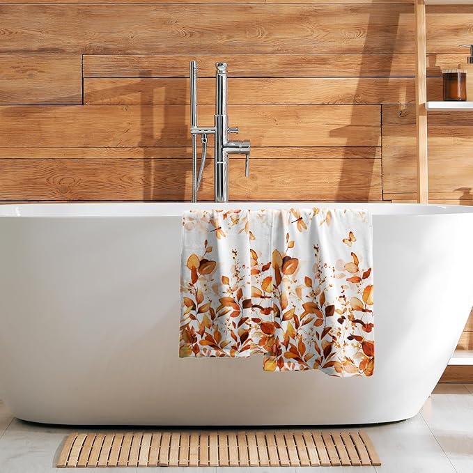 Orange Fall Hand Towels Set of 2 Eucalyptus Leaves Watercolor Butterfly Rustic Decorative Kitchen