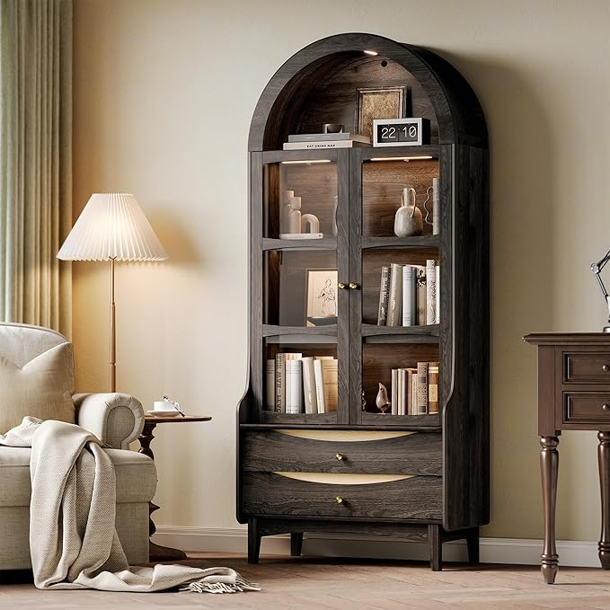 STO'SENSE 73" Tall Arched Bookshelf with LED Lights,4-Tier Modern Farmhouse Arched Bookcase with Glass Doors and Shelves,Wooden Display Cabinet with 2 Drawers for Living Room, Dining Room (Black)