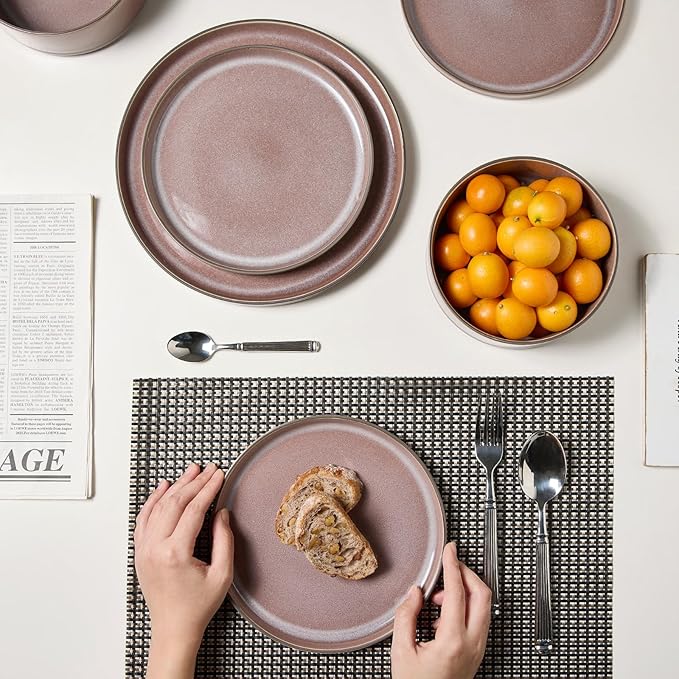 MONITO 12PCS Stoneware Plates and Bowls Set, Ceramic Dinnerware Sets, Service for 4, Chip and Scratch Resistant Dish Set, Microwave and Dishwasher Safe, Housewarming Party Holiday Gift, Vintage Brown