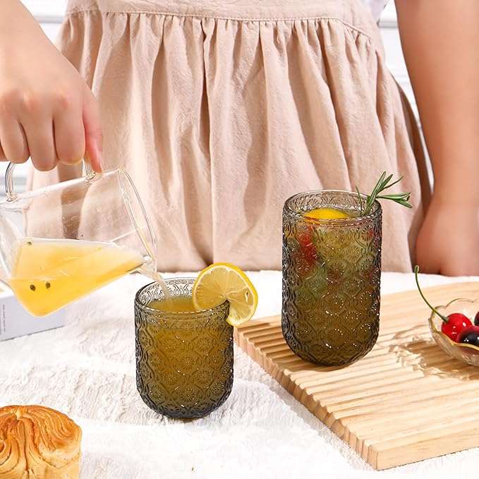 Grey Drinking Glasses Set of 12, 12 Oz Highball & 10 Oz Cocktail Glasses, Grey Kitchen Vintage Glassware Set, Floral Embossed Glass Tumbler Cups for Water, Beer, Juice, Whiskey, Coffee