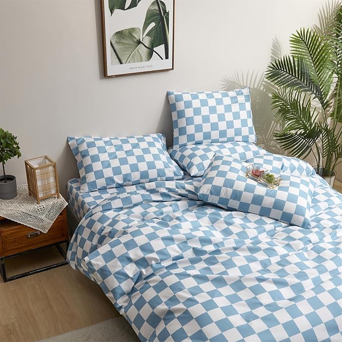 CLOTHKNOW Blue White Plaid Queen Comforter Set Grid Bedding Comforter Sets All Season Light Blue Comforter Checker Queen Size Comforter Sets