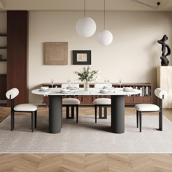71" Modern Oval Dining Table for 6, Glossy White Sintered Stone Dining Tabletop with Black Dual-Pedestal, Easy Assembly Dining Room Table for Home Kitchen (Table Only)