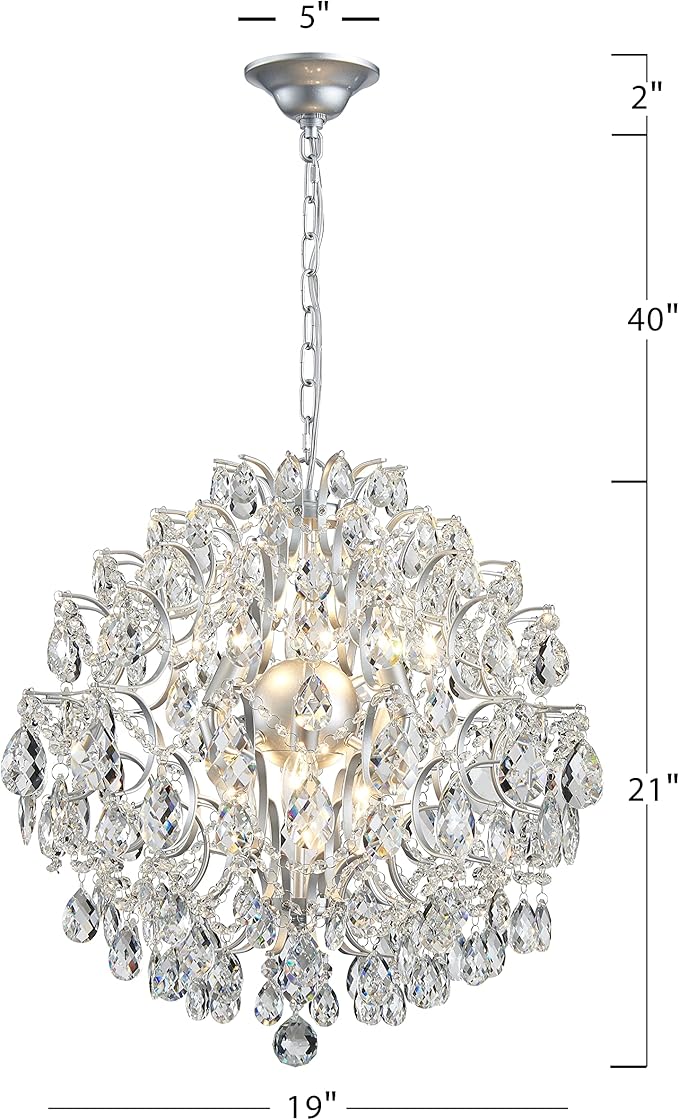 Bestier Silver Modern Pendant Chandelier Crystal Raindrop Lighting Ceiling Light Fixture Lamp for Dining Room Bathroom Bedroom Livingroom 6 E12 Bulbs Required D19 in x H21 in