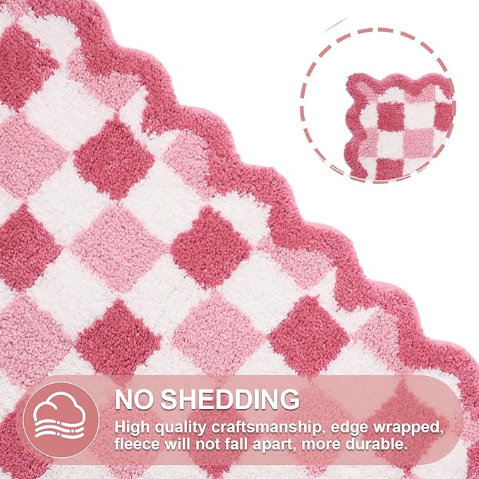 ORTIGIA Cute Pink Checkered Scalloped Bath Mat, Fun Plush Microfiber Bathroom Rugs Non Slip Washable Quick Dry Absorbent, Bath Rug for Shower Stall Vanities Kitchen Floor Entrance, 20x32
