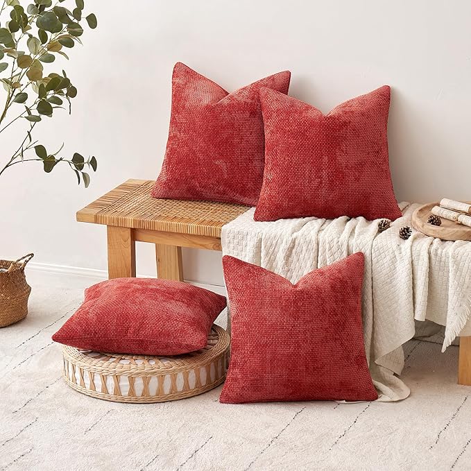 MIULEE Christmas Red Pack of 4 Throw Pillow Covers 20x20 Inch Soft Decorative Chenille Pillow Covers Farmhouse Accent Cushion Covers for Boho Home Decor Bedroom Living Room