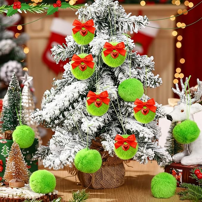 Jenaai 24 Pcs Lime Green Ball Christmas Ornaments for Xmas Tree 2 Size Christmas Hanging Decorations Soft Furry Pom Pom Balls with Red Bow for Xmas Tree Hanging Decor Party Supplies