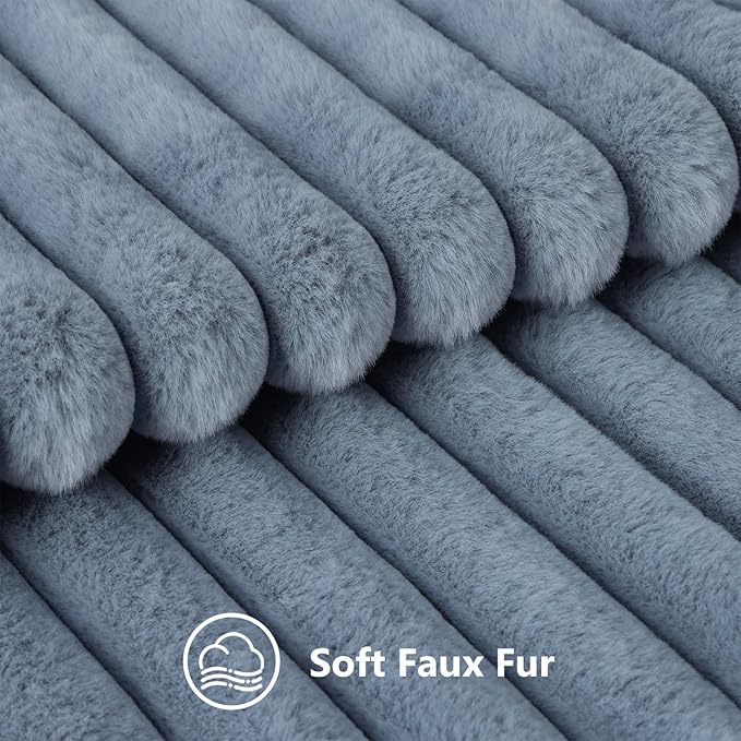 decorUhome Faux Fur Throw Pillow Covers 26x26 Set of 2, Decorative Soft Plush Striped Neutral Euro Pillow Covers with Velvet Back for Bed, Living Room Home Decor, Grey Blue