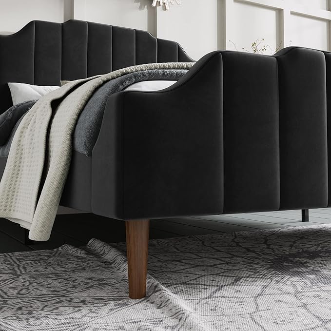 SHA CERLIN Upholstered Queen Size Bed Frame with Modern Curved Velvet Wingback Headboard, Heavy Duty Wood Platform Bed with Strong Wood Slat Support, No Box Spring Needed, Black