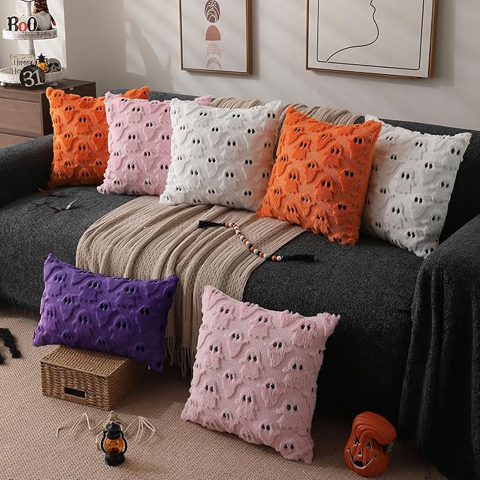 DFXSZ Halloween Pillow Covers 12x20 inch Set of 2 Purple Ghost Throw Pillow Cases Soft Plush Faux Fur Wool Cushion Case for Chair Bedroom Living Room Home Decor PTK03E12