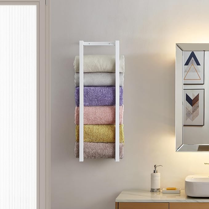 Towel Rack for Rolled Towels, Towel Rack for Bathroom,Wall Mounted Metal Bathroom Organizer, Bath Towel Holder Wall for Modern Small Space Bathroom Towel Storage (White)
