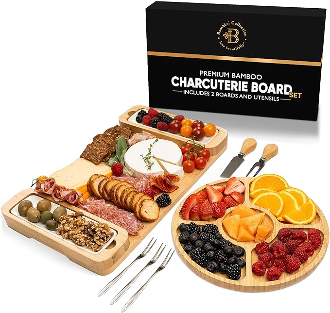 Charcuterie Board Gift Set - Bamboo Cheese Board & Serving Tray for Meat, Cheese, Crackers, and Fruit - Large Wooden Charcuterie Boards for Parties - Wedding, Housewarming, for Women
