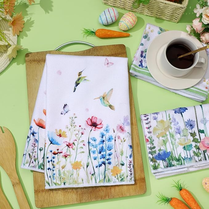 Oudain Kitchen Dish Towels Set of 6 Floral Wildflower Decorative Tea Towels Hand Towels Spring Housewarming Gift