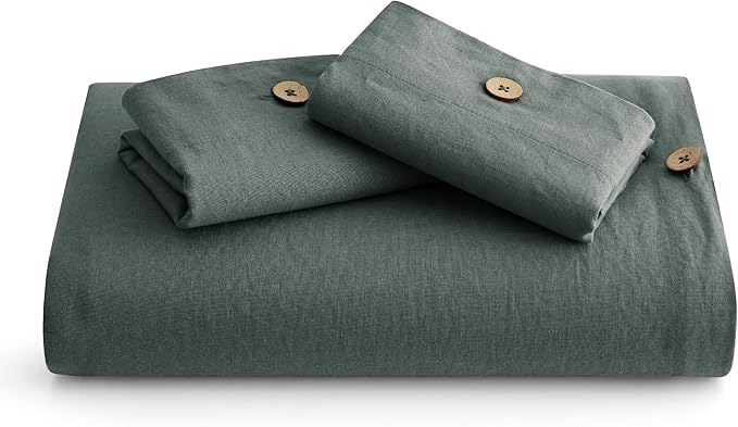 Bedsure Linen Duvet Cover Queen - Linen Cotton Blend Bedding Set, Soft & Cozy, 3 Pieces, 1 Duvet Cover 90x90 Inches and 2 Pillowcases, Dark Green Color Cooling Bedding, Comforter Sold Separately