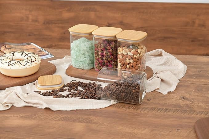 37oz Airtight Glass Square Storage Canister with Bamboo Lid Set of 4 (1100ml) Container Stackable Jar, Kitchen Canister for Pantry Noodles, Flour and Coffee beans (with Black Lable)