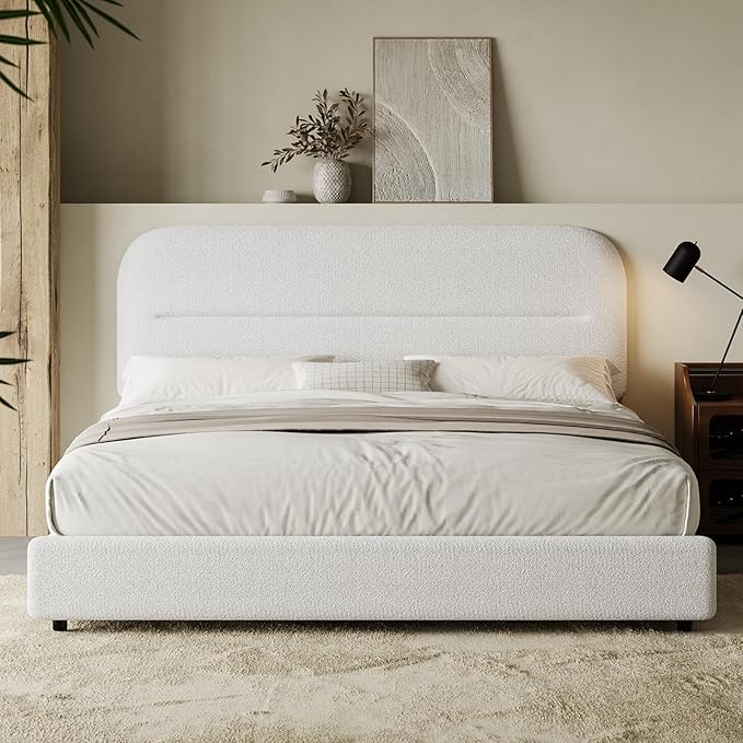 Queen Size Boucle Bed Frame, Upholstered Queen Size with Headboard, Soft Cloud Bed with Thickened Footboard, Rounded Corners, No Box Spring Needed, Easy Assembly, White