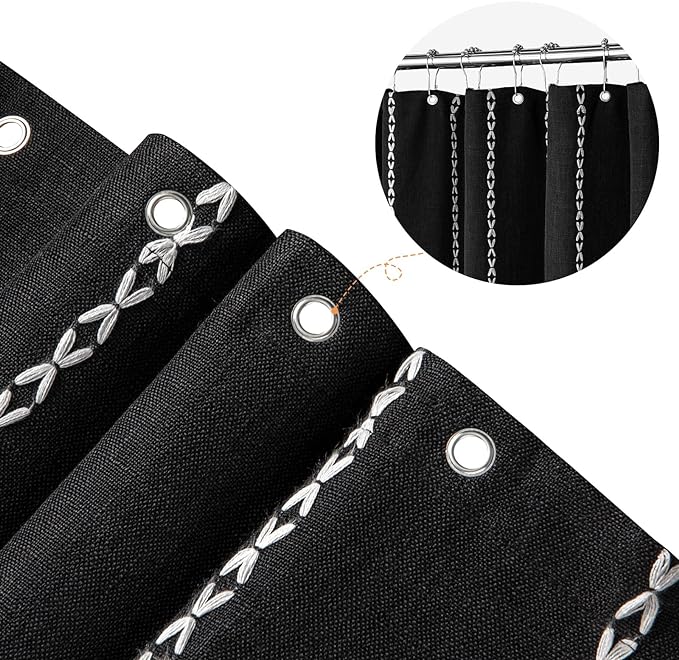 MitoVilla Boho Extra Long Shower Curtain 72 x 84, Black 84 inch XL Polyester Linen Tassel Fabric Shower Curtain Set with Hooks for Vintage Country Farmhouse Bathroom Decor, Thick & Wrinkle Resistant