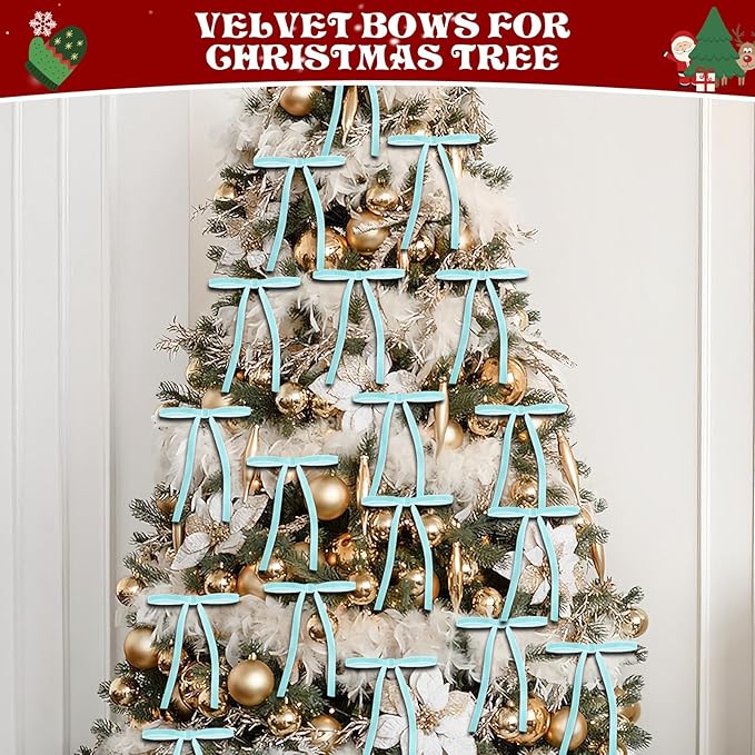 24 Pcs Blue Velvet Bows for Christmas Tree, Elegant Christmas Tree Bows, 5x7 Inch Pre-Tied Ribbon Bows for Wreaths, Gifts, and Holiday Décor, Velvet Bow Ornaments for Xmas Trees