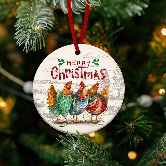 OASSIE Chicken Ornaments for Christmas Tree - Ceramic Christmas Ornaments 2025 - Chicken Ornaments for Xmas Tree, Rustic Home Decor, Rooster Gifts for Women Men Family Friends