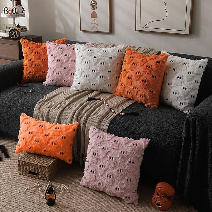 DFXSZ Halloween Pillow Covers 12x20 inch Set of 2 Orange Ghost Throw Pillow Cases Soft Plush Faux Fur Wool Cushion Case for Chair Bedroom Living Room Home Decor PTK03C12
