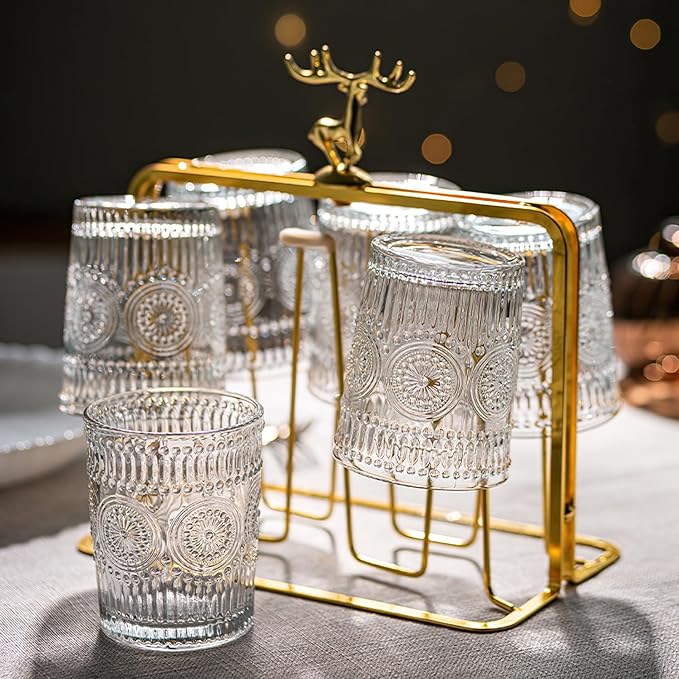 Kingrol 6 Pack 9 oz Romantic Water Glasses, Small Drinking Glasses Tumblers, Vintage Glassware Set for Juice, Beverages, Beer, Cocktail