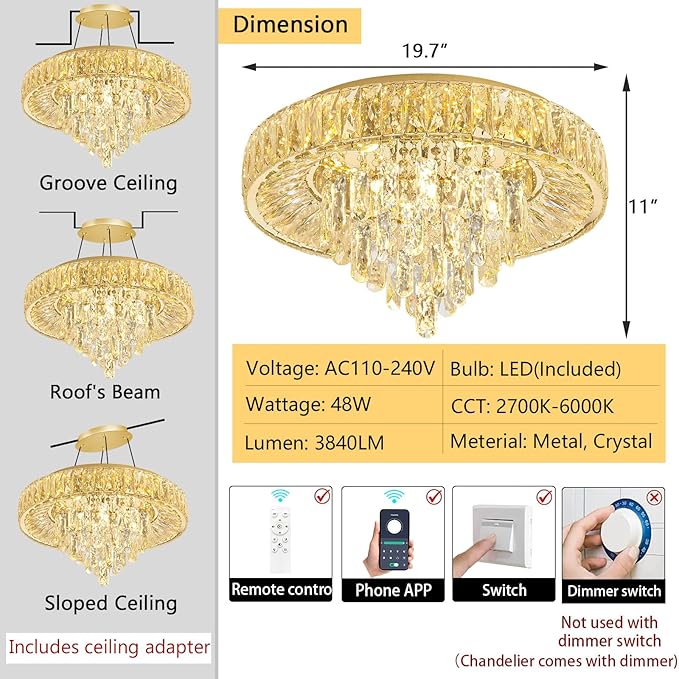 Modern Crystal Chandeliers for Dining Room LED Light Fixture Close to Ceiling Chandelier Flush Mount Ceiling Light Dimmable Lamp with Remote for Living Room Bedroom Hallway