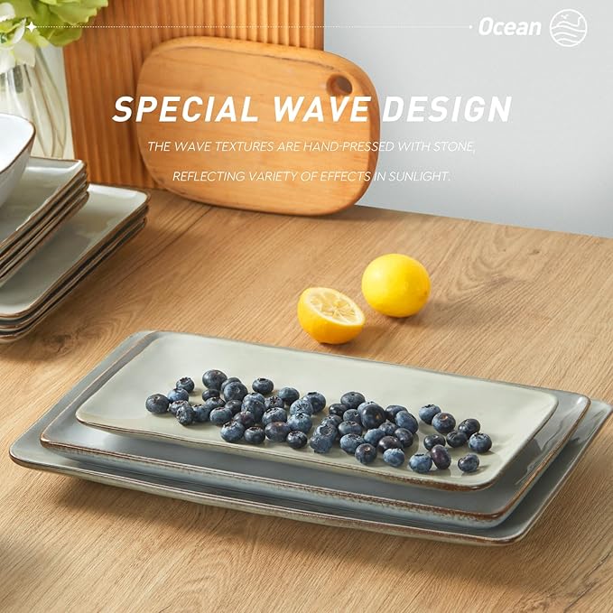 famiware Serving Platter, Rectangular 15.67/14.1/12.6inch Serving Dishes for Entertaining, Reactive Glaze, Stoneware for Party, Food, Turkey, Snack, Cheese, Ocean Series, Grey