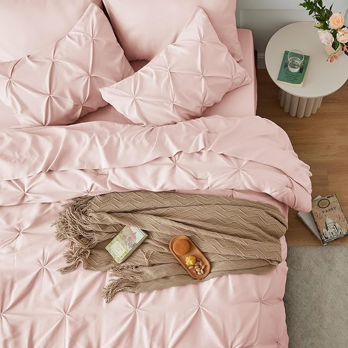 CozyLux Twin XL Comforter Set Blush Pink, 5 Pieces Twin Extra Long Pintuck Bed in A Bag for College Dorm, Pinch Pleat Bedding Set with Comforter, Sheets, Pillowcase & Sham