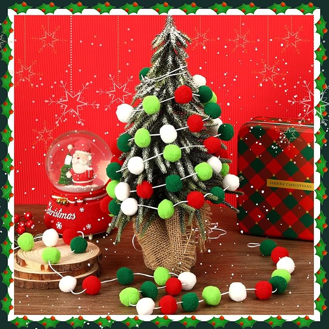 MARFOREVER 4 Pack 26.3 Feet Christmas Pom Pom Garland Ornaments Red White Green 30 Balls Christmas Felt Ball Garland Hanging Supplies for Xmas School Classroom Fireplace Wall Home Party Decor