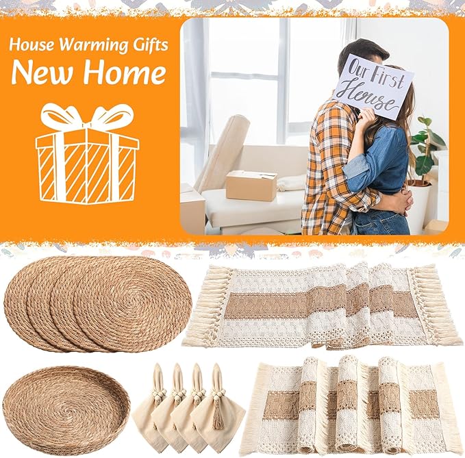 4 Sets Boho Placemats Round Woven Placemats, Cloth Napkins, Wood Bead Napkin Rings, Long Table Runner and Farmhouse Rustic Placemats Natural Burlap Cotton for Kitchen Table Home