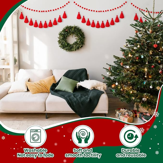 Syhood 4 Pcs Thanksgiving Christmas Pom Pom Tassel Garland Fall Felt Ball Banner Decorative Colorful Pompom Garland for Thanksgiving Autumn Xmas Theme Party Classroom Home Decor(Red Color)