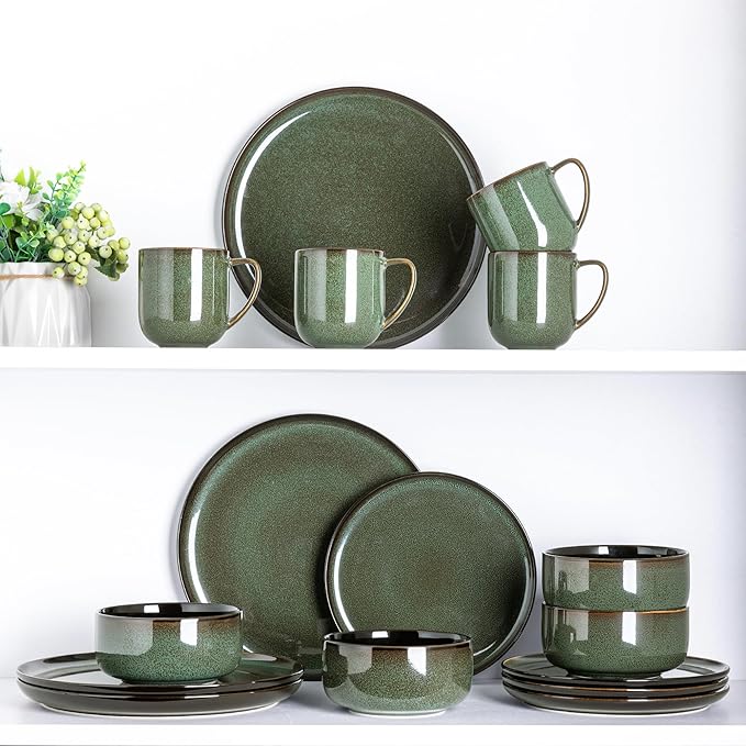 LERATIO Ceramic Dinnerware Sets for 4,16-PieceReactive Glaze Plates and Bowls Set with Mugs,Highly Chip and Crack Resistant | Dishwasher,Microwave & Oven Safe Dishes set-Green