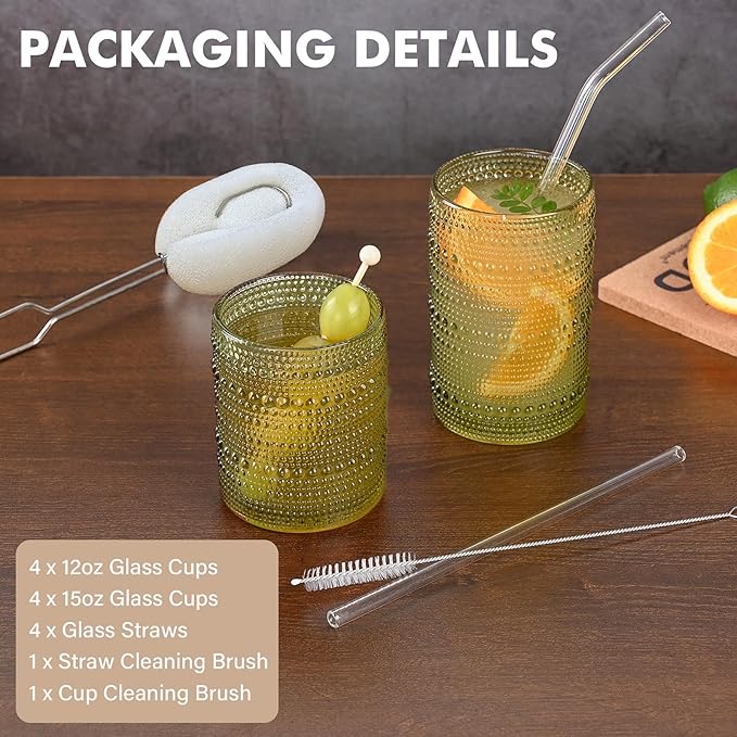 Vintage Hobnail Drinking Glasses Set of 8 Green 12 oz & 15oz Highball Glass Cups Kitchen Drinkware Glassware Embossed