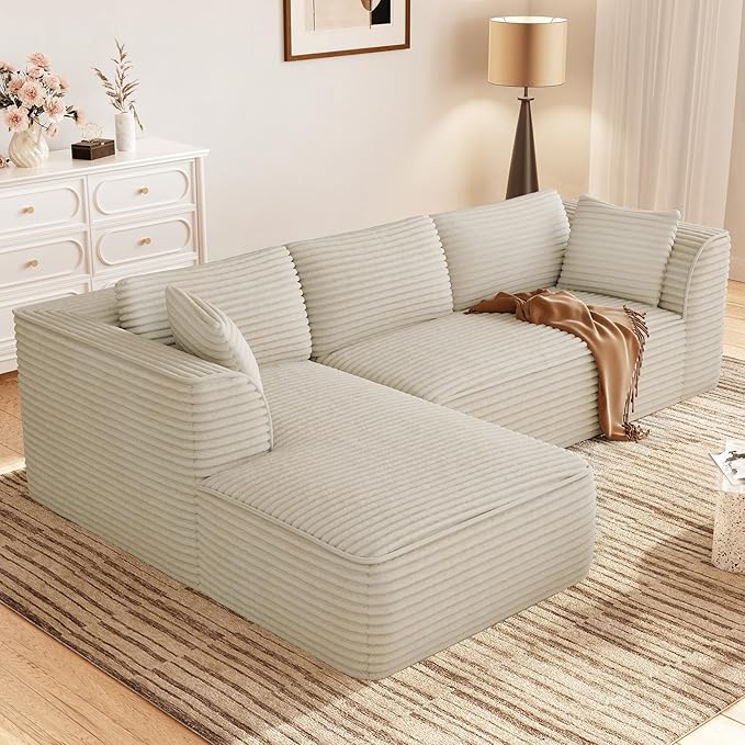 Vesgantti 106" Boneless Couch with Chaise, Deep Seat Comfy Cloud Modular Sofa Corduroy Sectional Couches for Living Room Bedroom, No Assembly Required (Camel, Left-Facing Chaise)