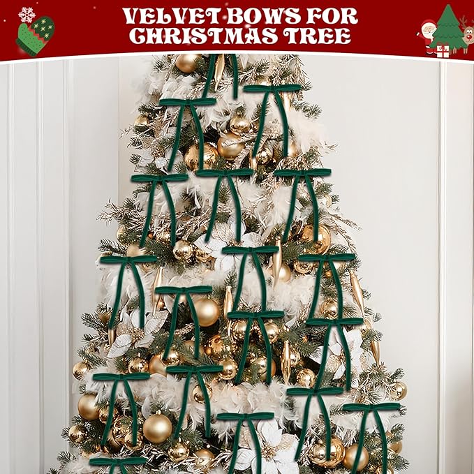 24 Pcs Green Velvet Bows for Christmas Tree, Elegant Dark Green Velvet Christmas Ornaments, 5x7 Inch Pre-Tied Ribbon Bows for Wreaths, Gifts & Holiday Décor (3/8")