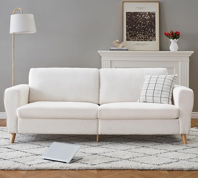 GarveeHome 84" Sofa Couch, Large Loveseat Sofa with Wide Armrests, Deep Seats & Wood Feet, 3 Seater Modern Boucle Sofa, Comfy Couches for Living Room Bathroom Small Spaces, White