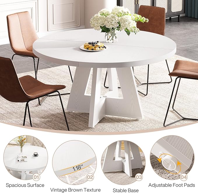 Tribesigns Farmhouse Dining Table 47 Inch Round Dinner Table for 4, Rustic Round, White
