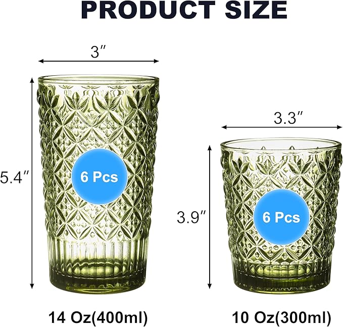 Green Drinking Glasses Set of 12, 14 Oz Highball & 10 Oz Cocktail Glasses, Green Kitchen Vintage Glassware Set, Floral Embossed Glass Tumbler Cups for Coffee, Beer, Water, Whiskey, Juice