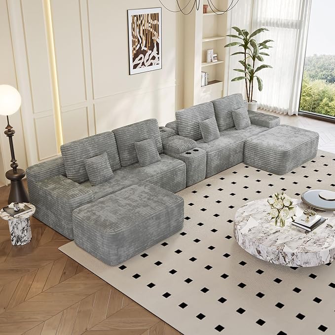KEIKI 150" U-Shaped Oversized Corduroy Modular Sectional Sofa with 2 Ottomans and Multi Functional, 6-Seater Upholstered Couch, Easy Assembly, for Living Room, Grey