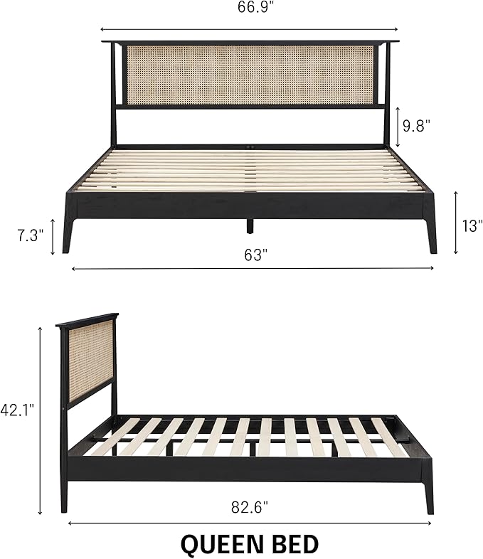 NTC Ruby Wooden Bed Frame with Headboard and Natural Rattan, Solid Oak Foundation with Silent Slats, 1000 Lb Capacity, Effortless Assembly, Queen - Burnt Black